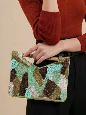 Handcrafted Beaded Green Mosaic Clutch with Bamboo Handle